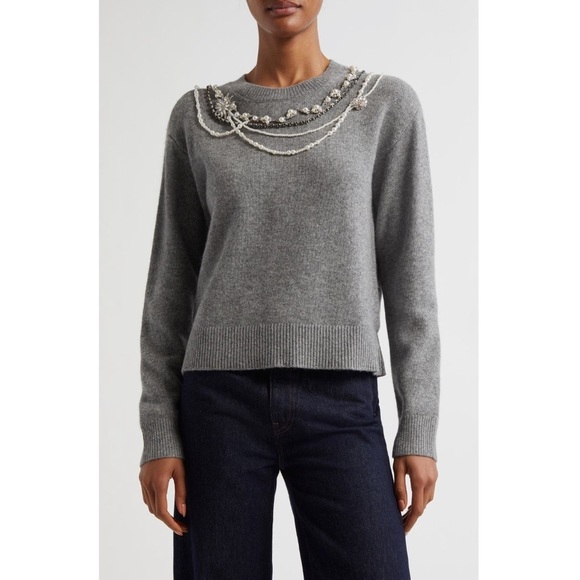 cinq a sept Sweaters - CINQ À SEPT Lilliana Necklace Detail Wool Blend Pullover Sweater in Grey